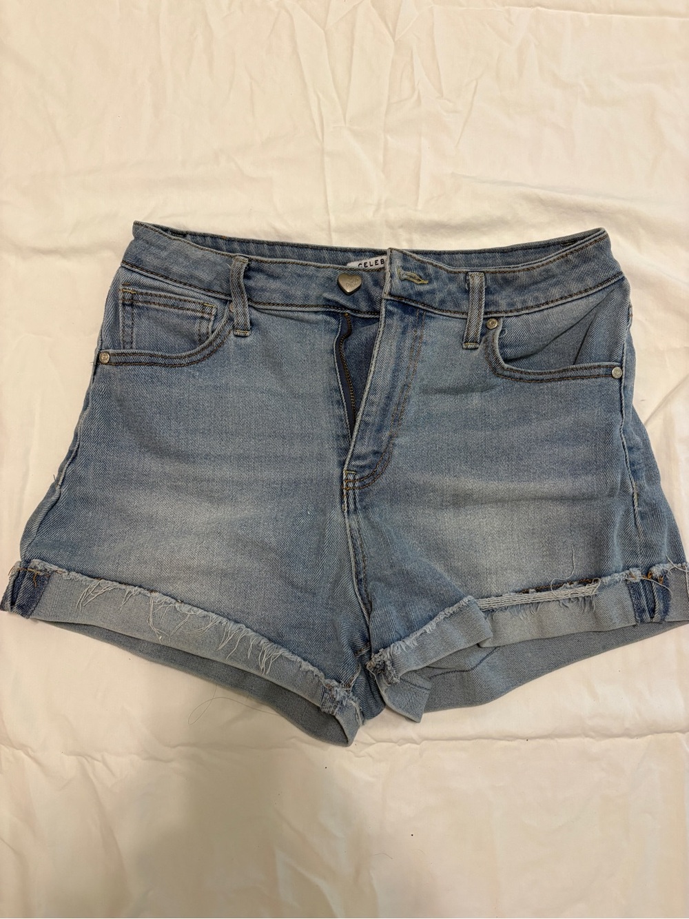 Light Blue Denim Roll Cuff Jean Shorts with heart button